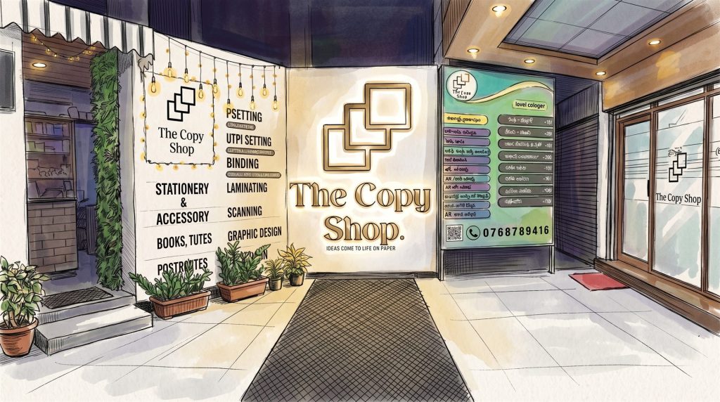 Illustration of The Copy Shop storefront in Matara, Sri Lanka, showing stationery, binding, laminating, scanning and graphic design services